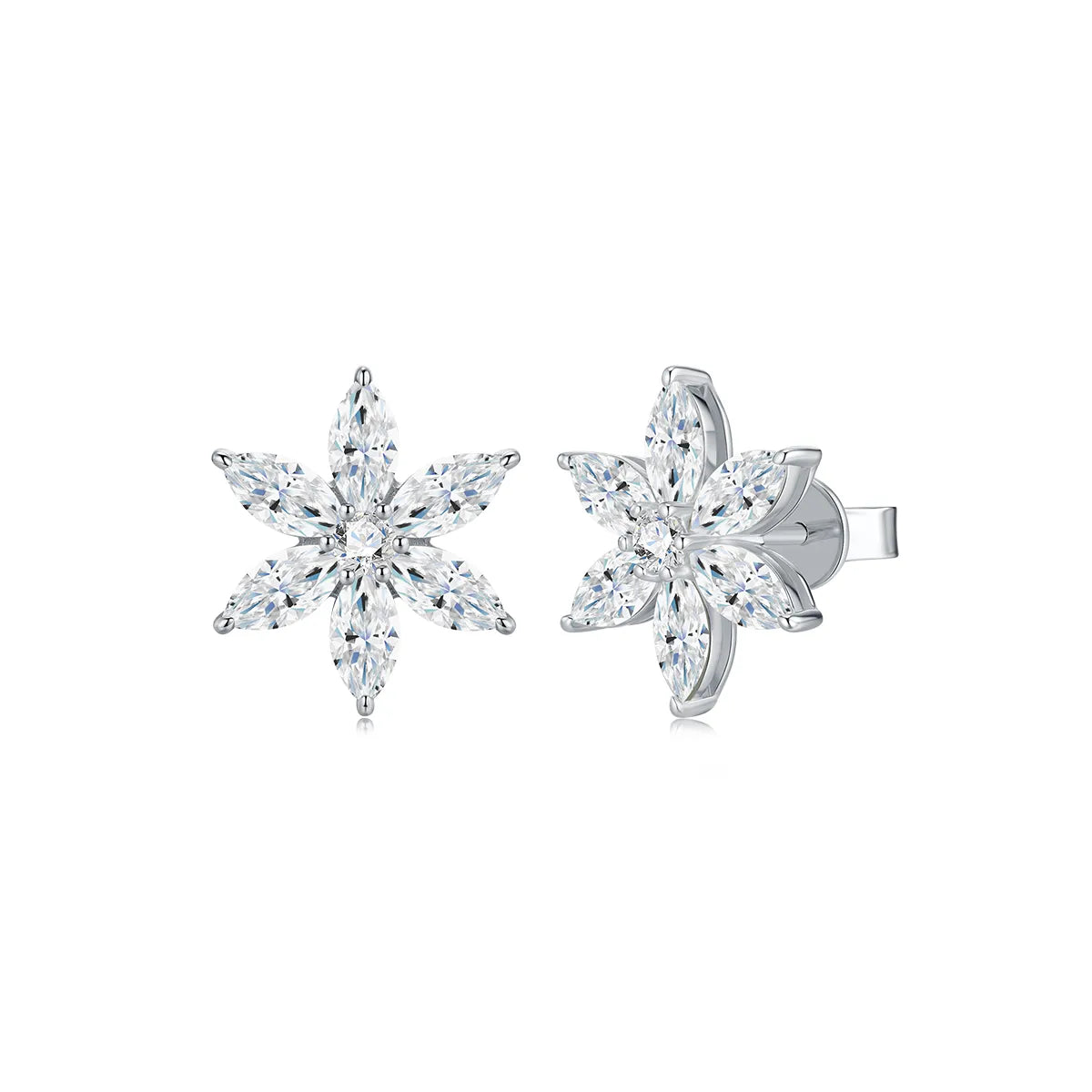 sterling silver starflower stud earrings with marquise cut moissanite stones