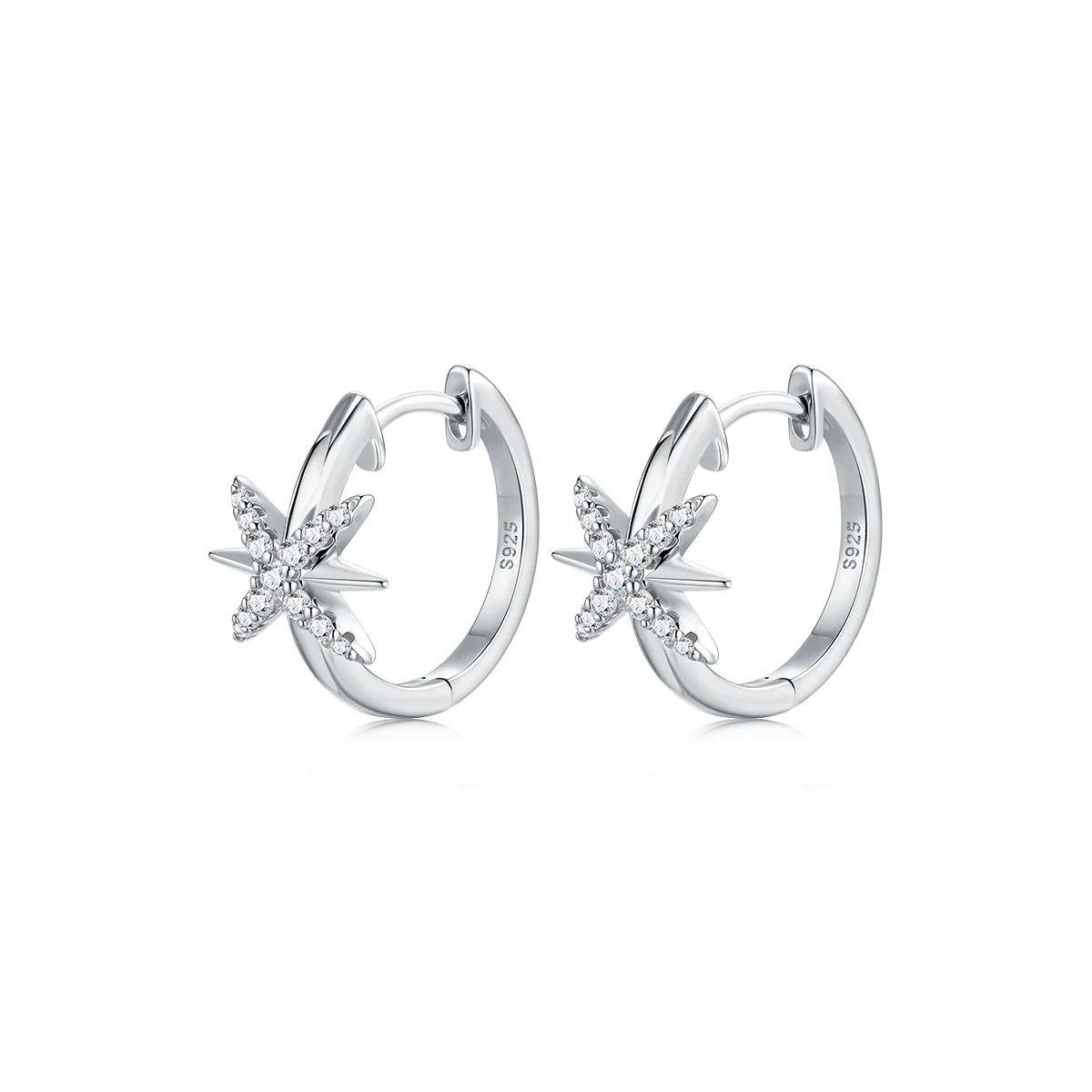 sterling silver starburst pavé hoop earrings with round moissanite stones