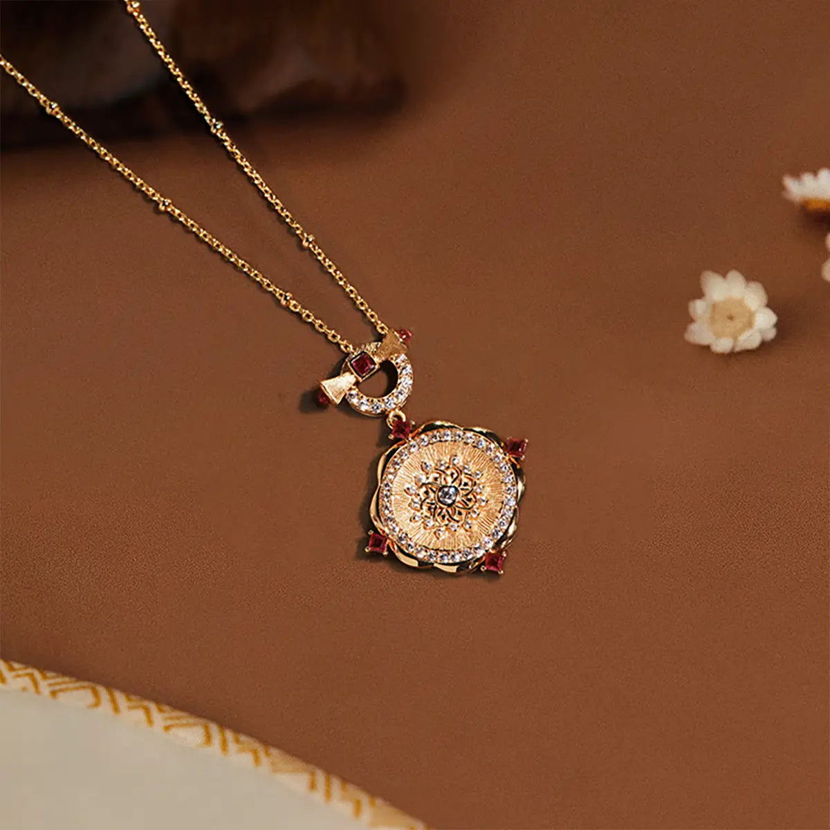 Vintage Rose Necklace with Lab Grown Ruby and Cubic Zirconia Accents