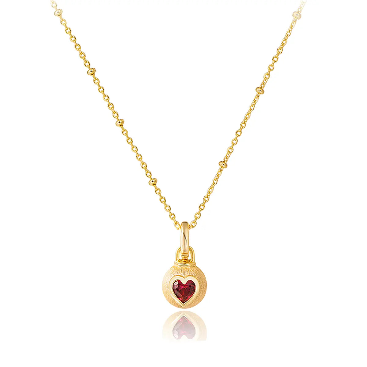 Brushed Gold Ruby Necklace with Heart-Shaped Lab Grown Gemstone