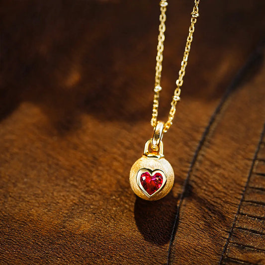 Brushed Gold Ruby Necklace with Heart-Shaped Lab Grown Gemstone