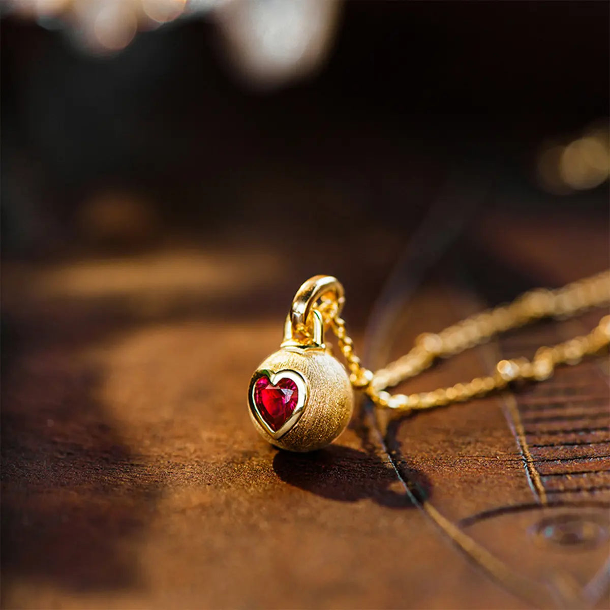 Brushed Gold Ruby Necklace with Heart-Shaped Lab Grown Gemstone