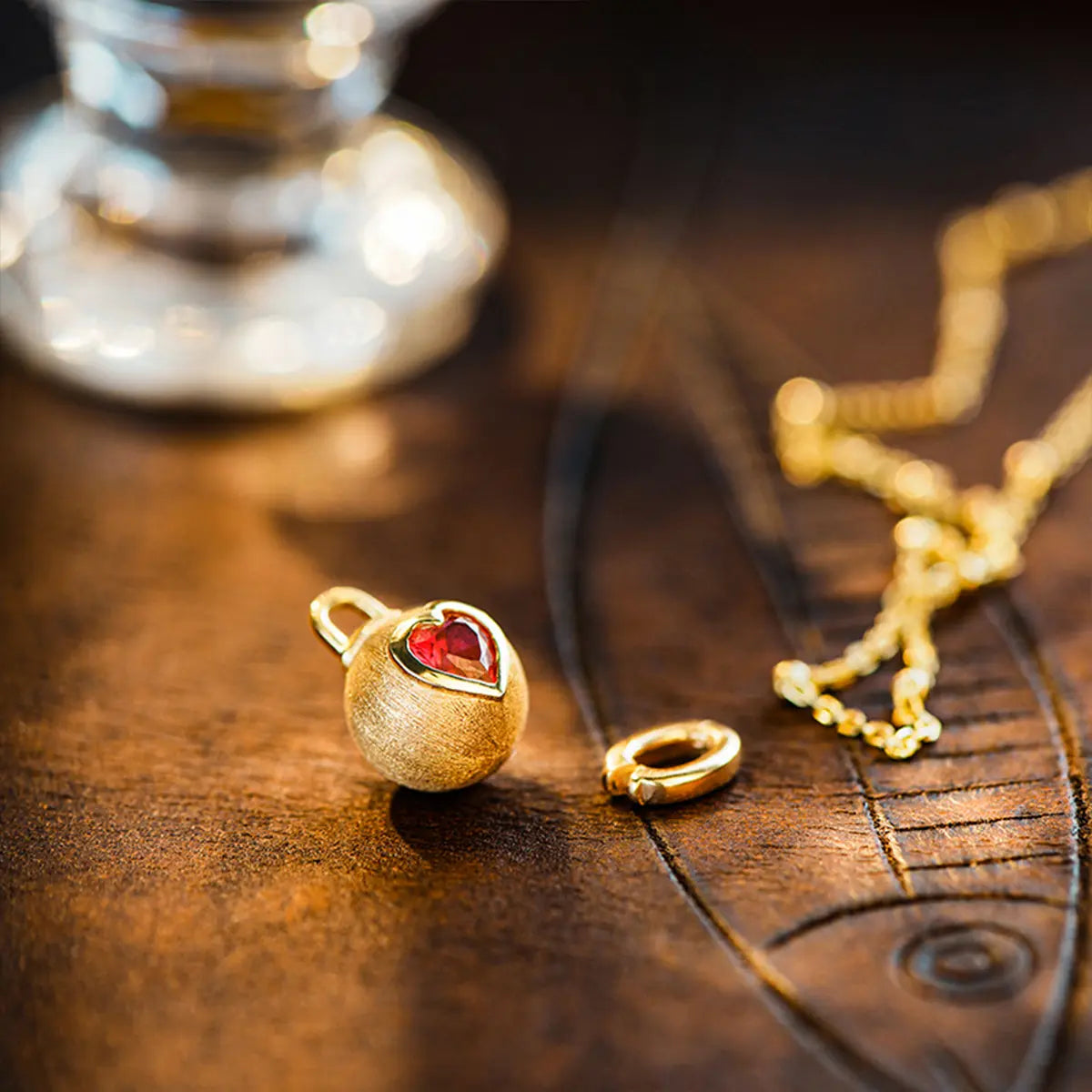 Brushed Gold Ruby Necklace with Heart-Shaped Lab Grown Gemstone