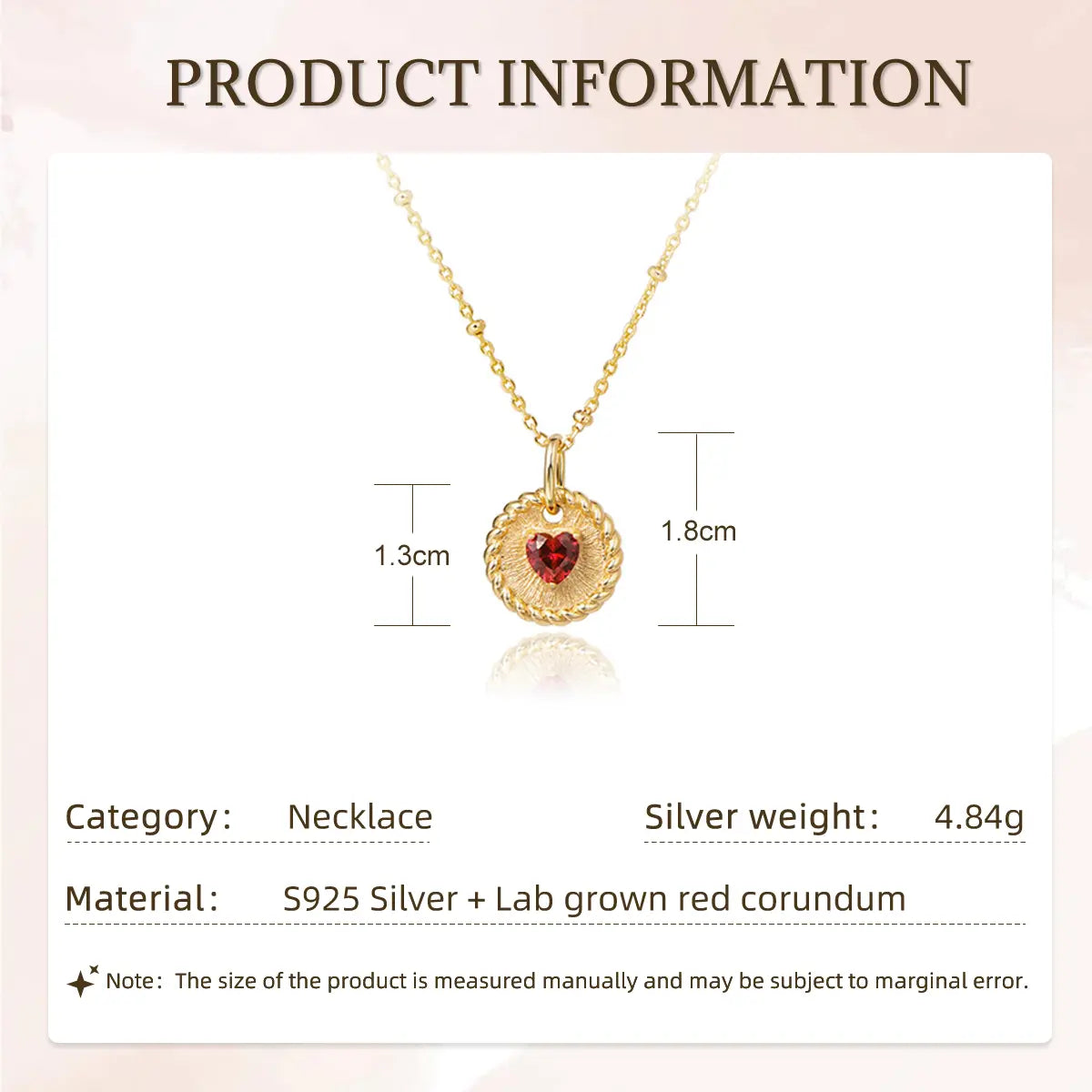Elegant ruby double-heart necklace with brushed gold disc and starlit bead chain