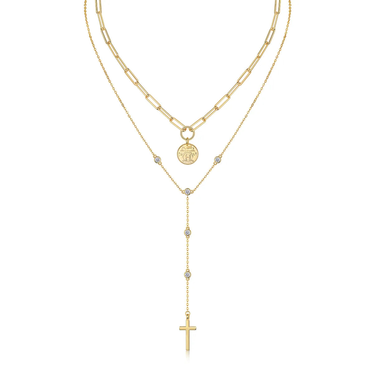 layered gold necklace with symbolic coin and cross accents