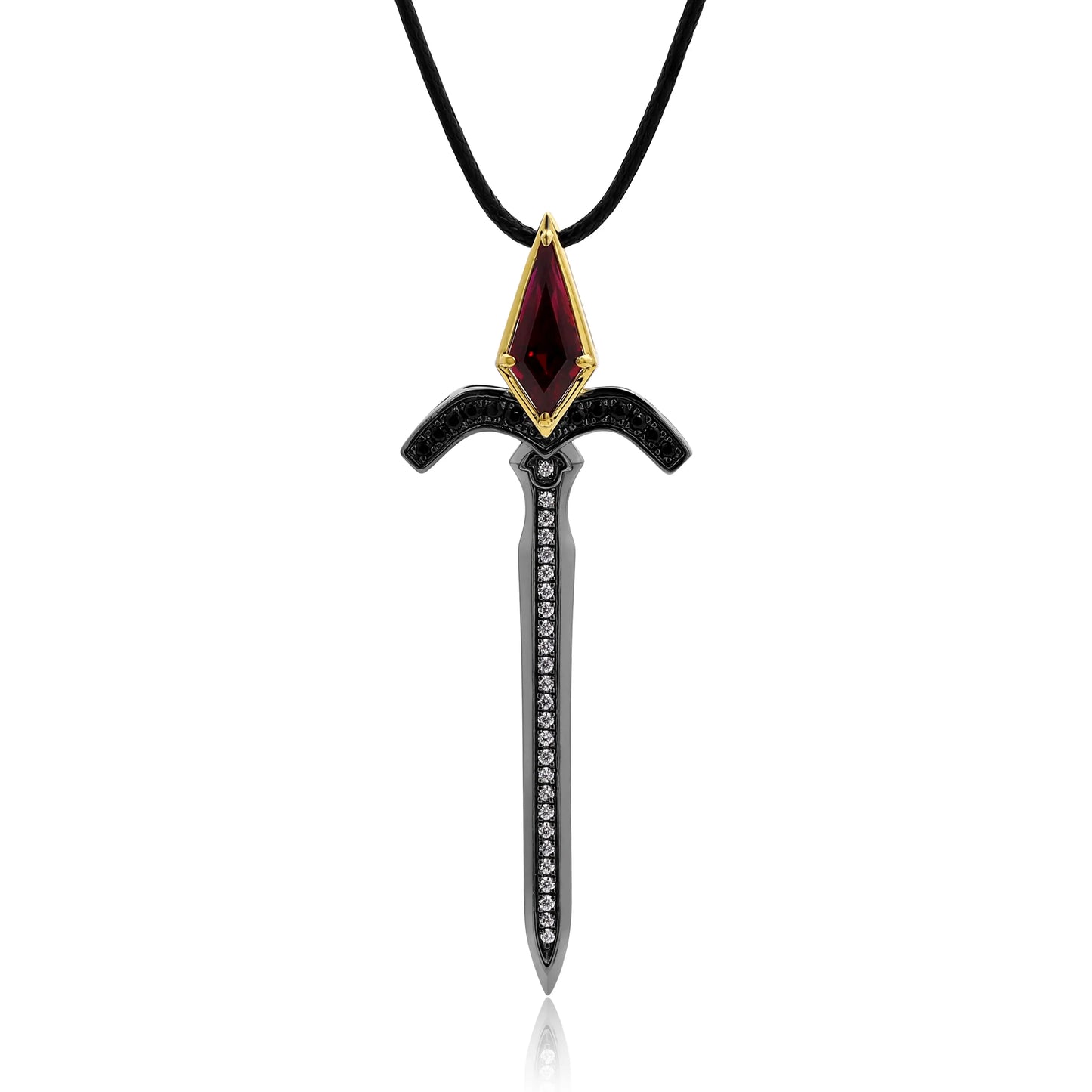 Black Gold and Yellow Gold Sword Necklace with Kite-Cut Lab Ruby