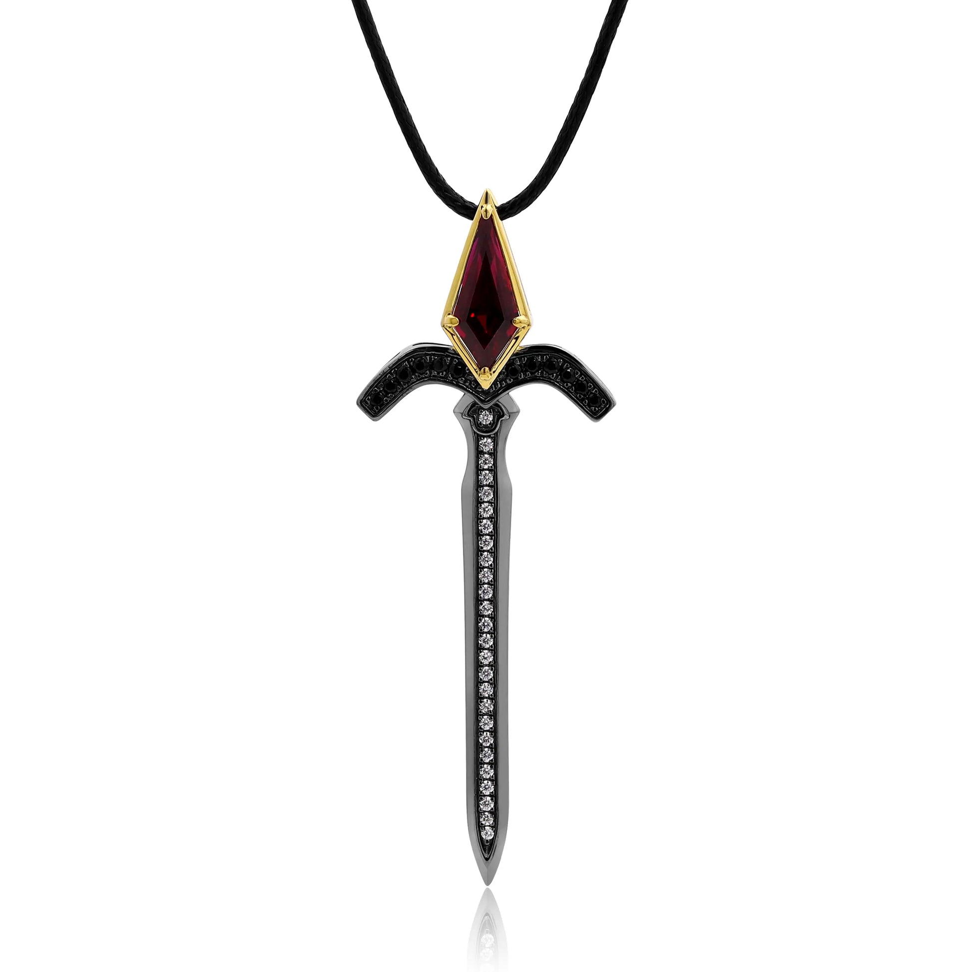 Black Gold and Yellow Gold Sword Necklace with Kite-Cut Lab Ruby