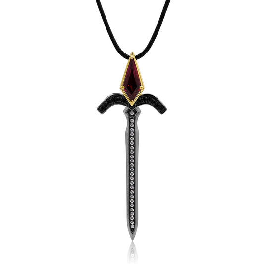 Black Gold and Yellow Gold Sword Necklace with Kite-Cut Lab Ruby