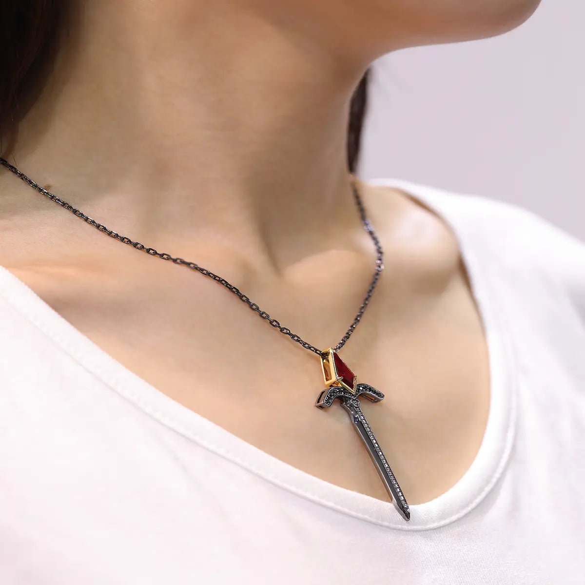 Black Gold and Yellow Gold Sword Necklace with Kite-Cut Lab Ruby