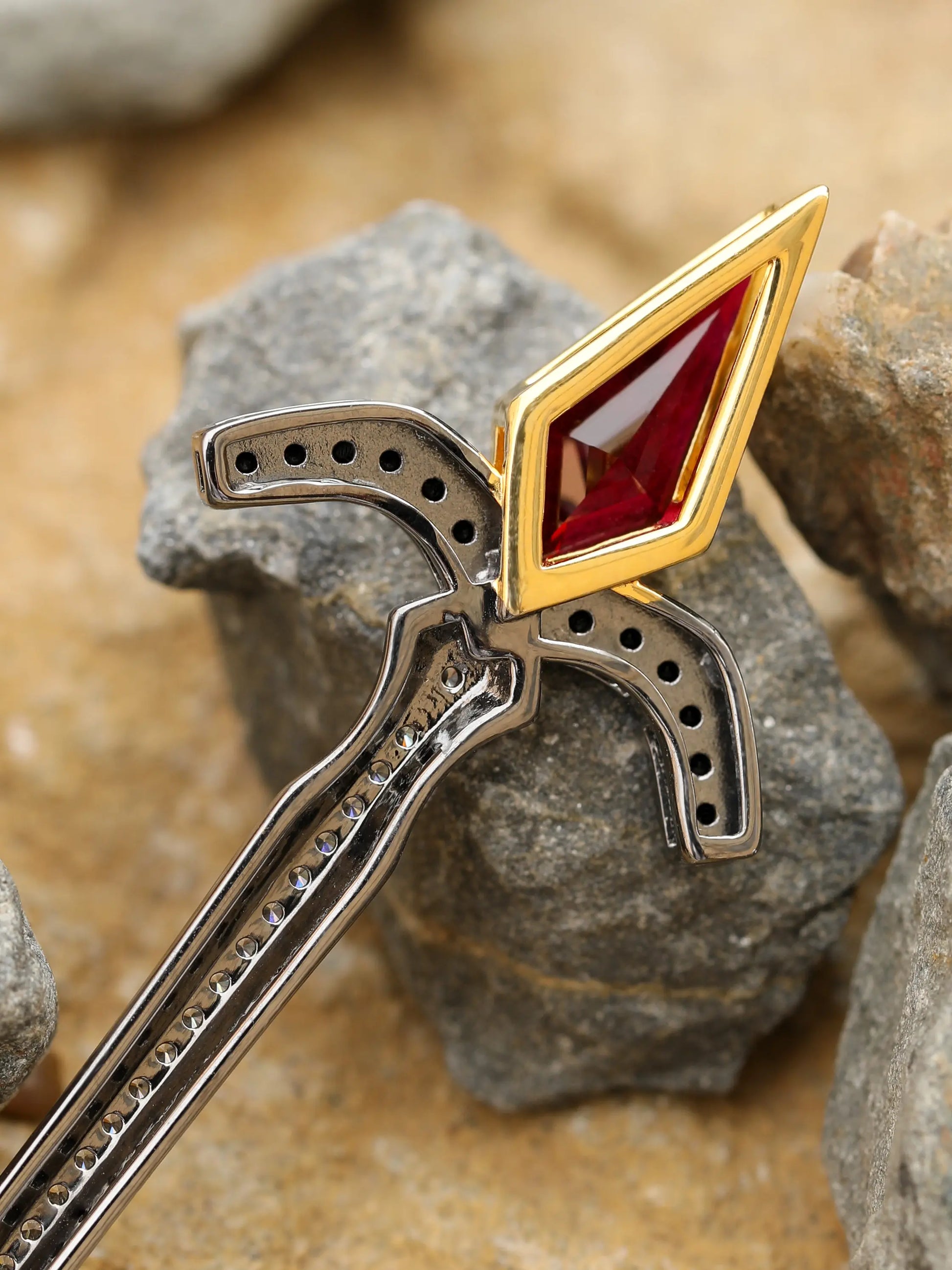 Black Gold and Yellow Gold Sword Necklace with Kite-Cut Lab Ruby