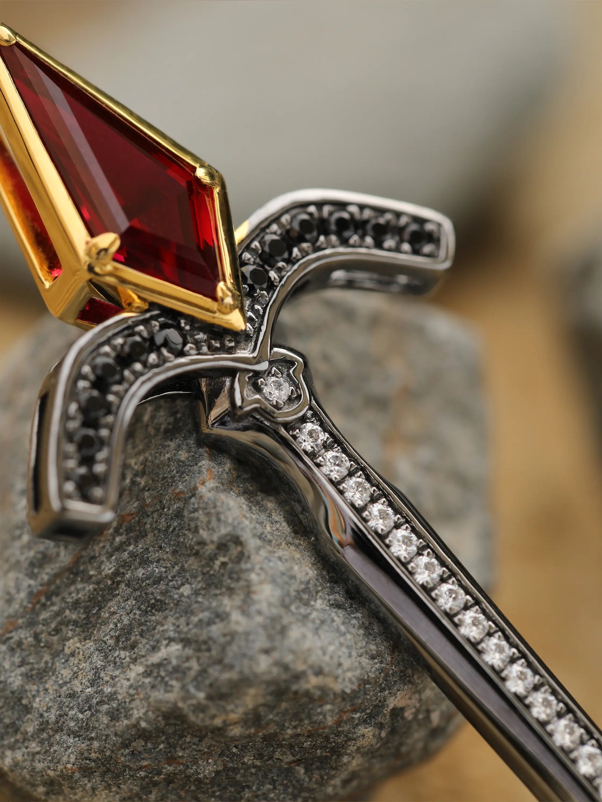 Black Gold and Yellow Gold Sword Necklace with Kite-Cut Lab Ruby
