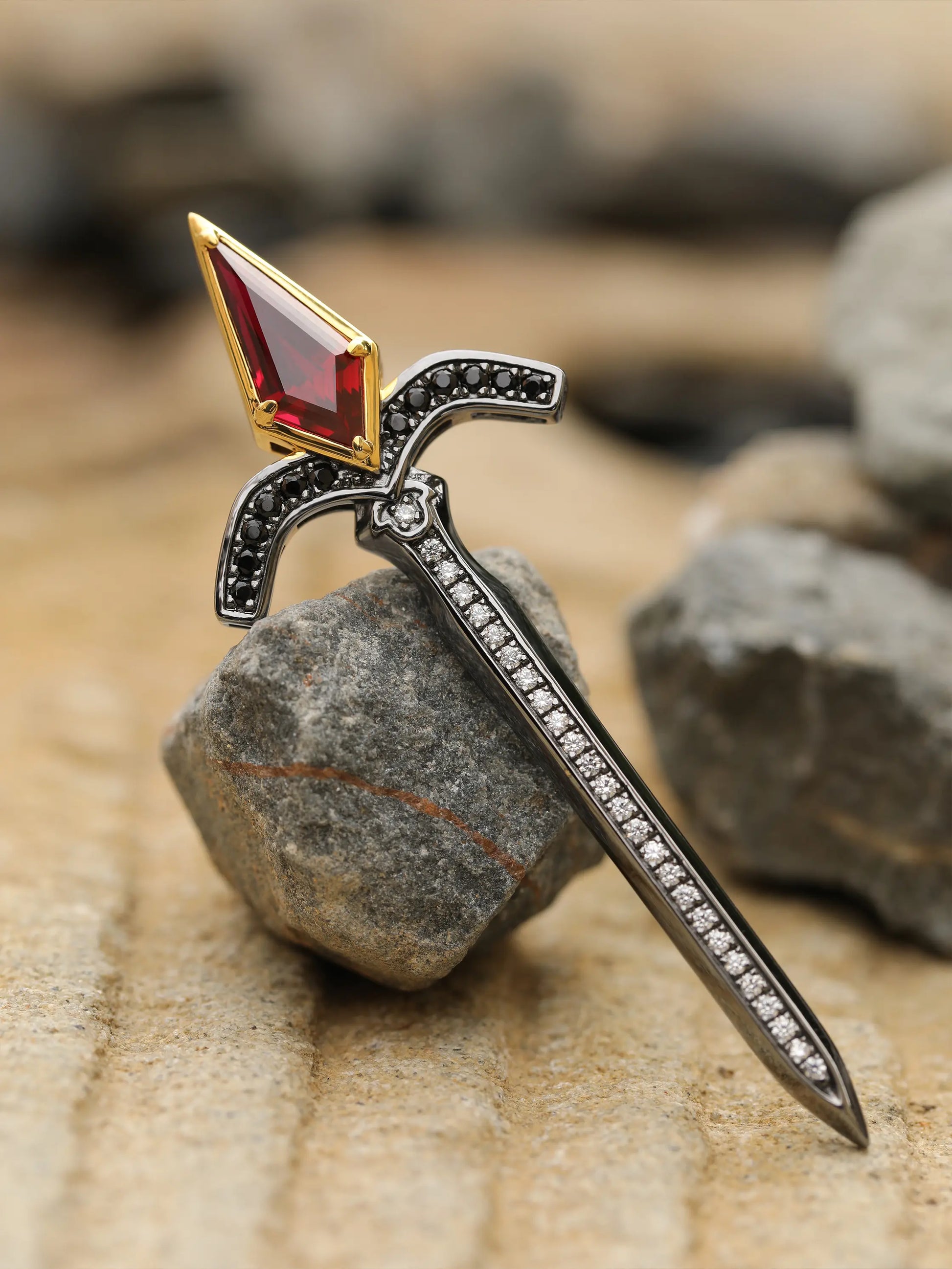 Black Gold and Yellow Gold Sword Necklace with Kite-Cut Lab Ruby