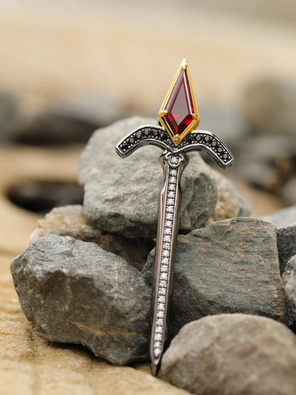 Black Gold and Yellow Gold Sword Necklace with Kite-Cut Lab Ruby