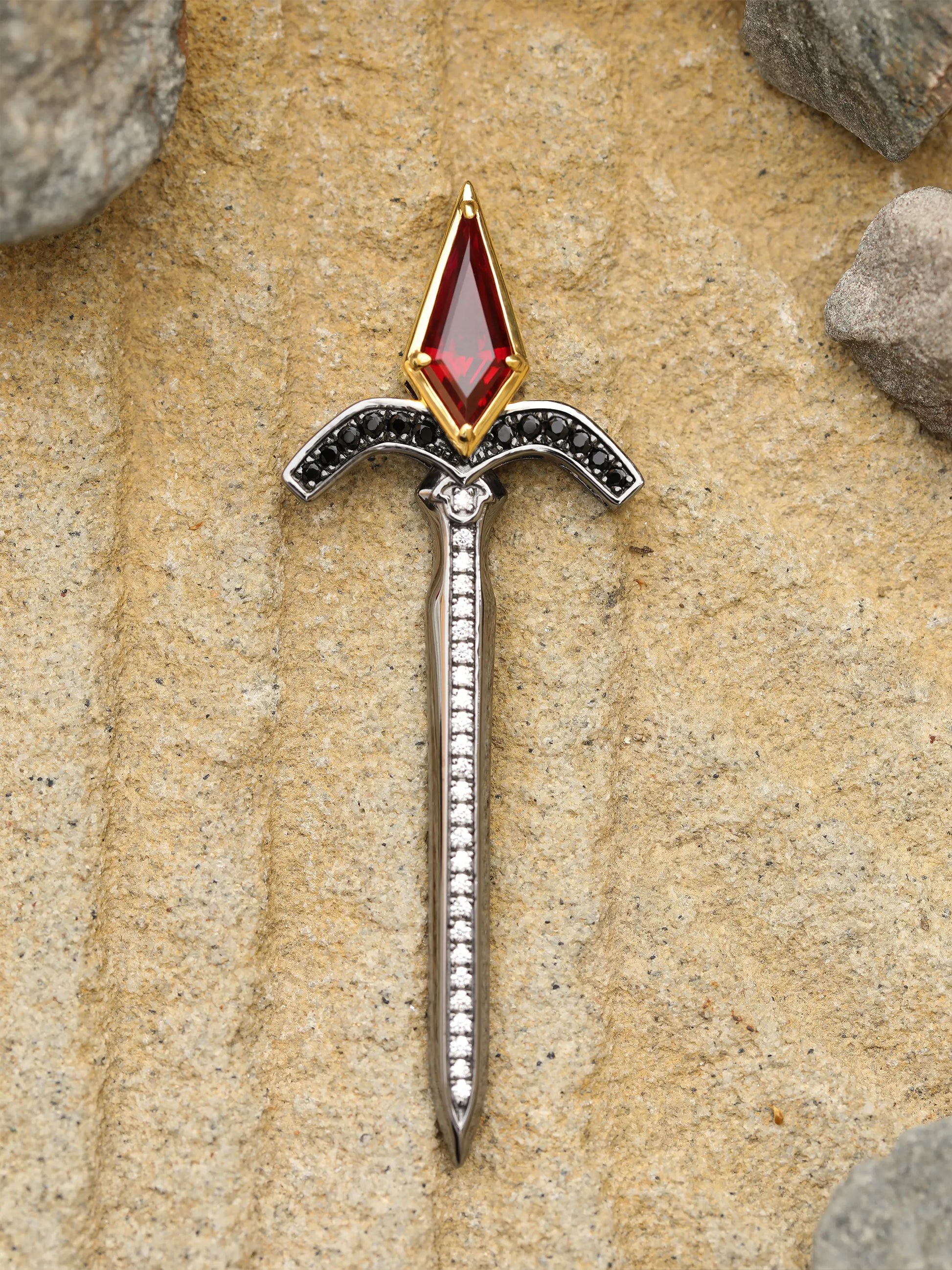Black Gold and Yellow Gold Sword Necklace with Kite-Cut Lab Ruby