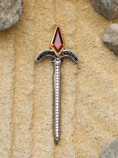 Black Gold and Yellow Gold Sword Necklace with Kite-Cut Lab Ruby
