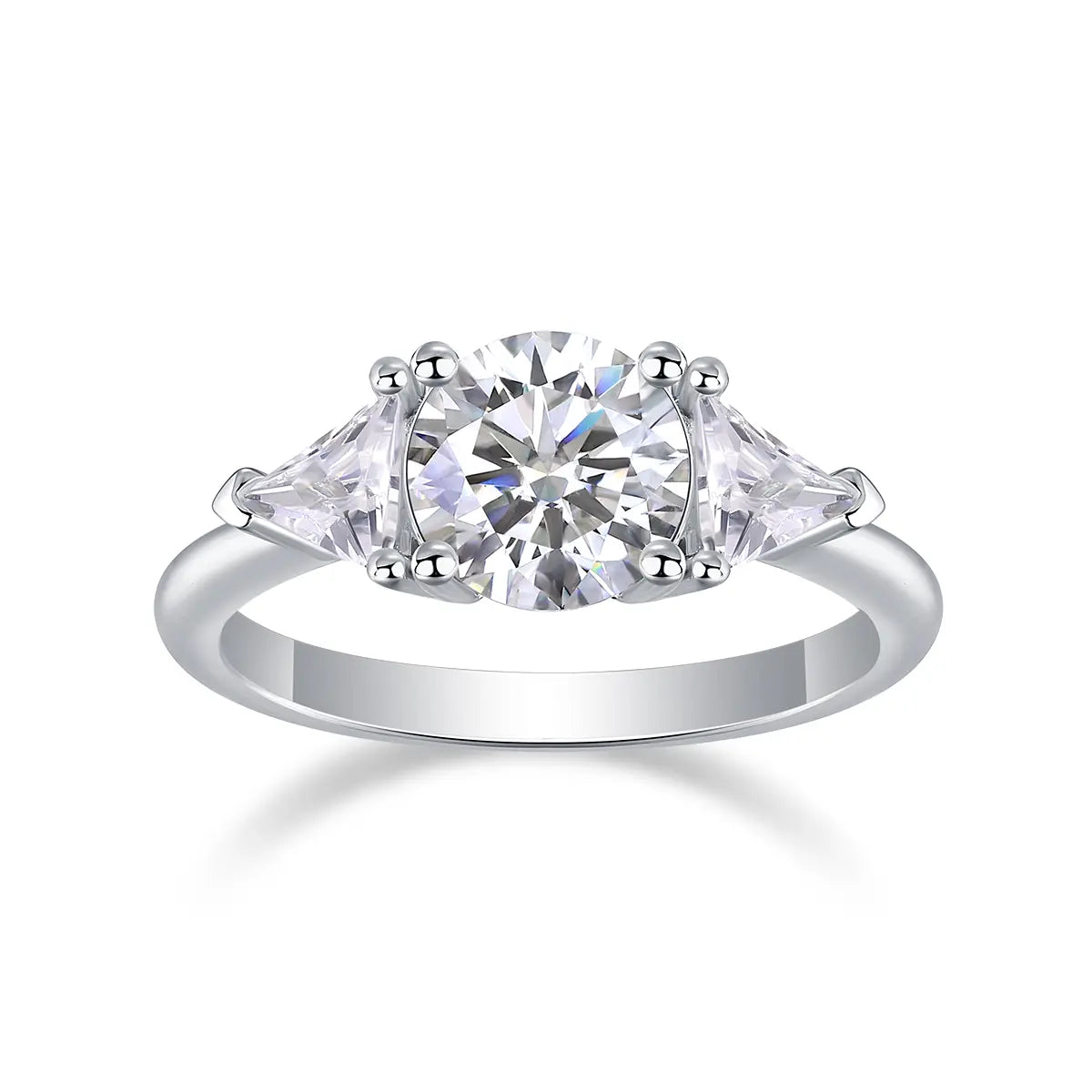 Shera Jewelry 2.6ct Round Cut Moissanite Ring Side View, Trillion Side Stones, 18K White Gold Plated Silver