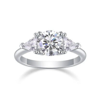 Shera Jewelry 2.6ct Round Cut Moissanite Ring Side View, Trillion Side Stones, 18K White Gold Plated Silver