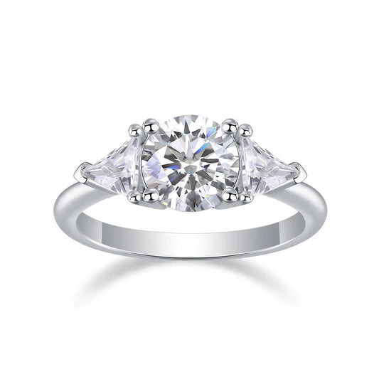 Shera Jewelry 2.6ct Round Cut Moissanite Ring Side View, Trillion Side Stones, 18K White Gold Plated Silver