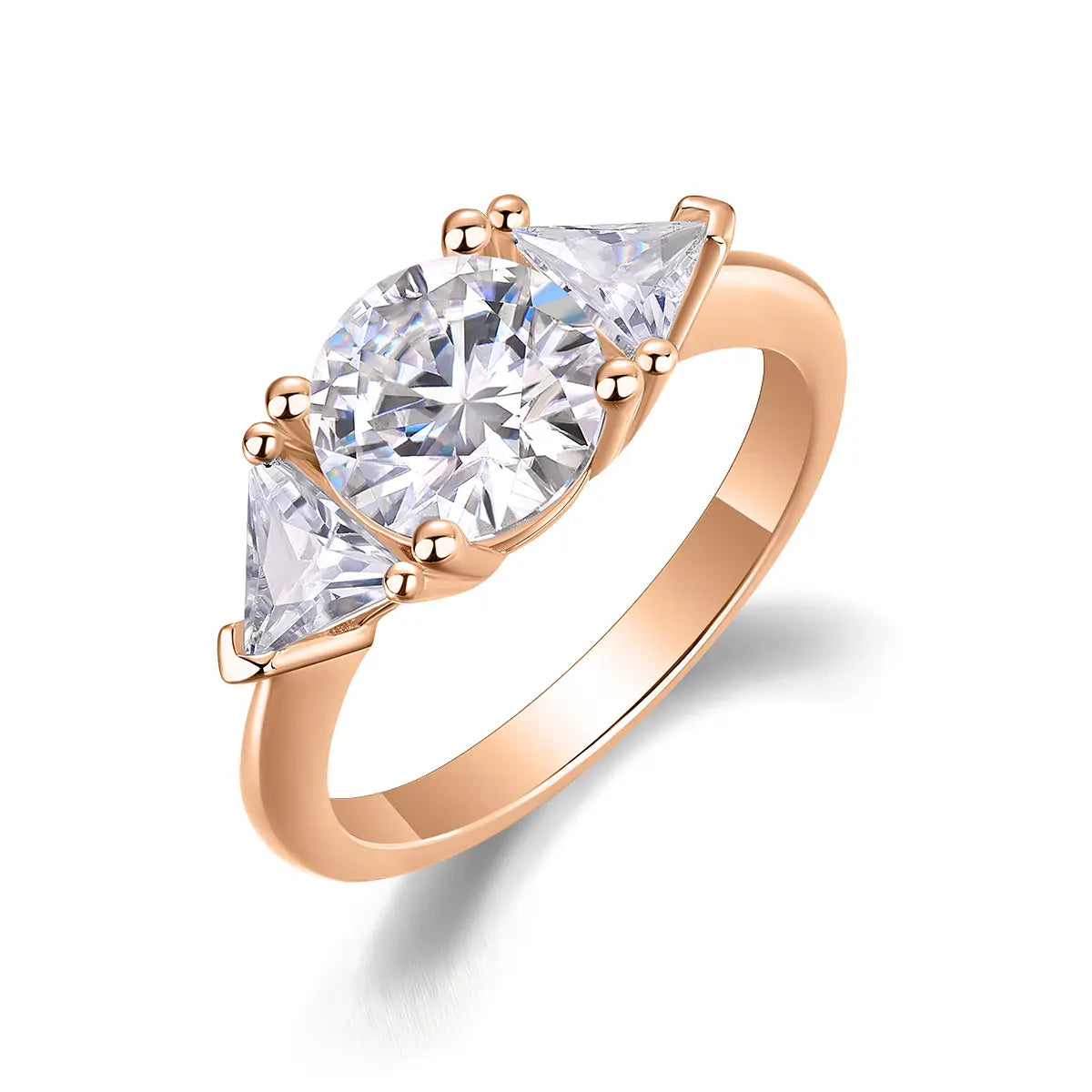 Shera Jewelry 2.6ct Round Cut Moissanite Ring Side View, Trillion Side Stones, 18K White Gold Plated Silver