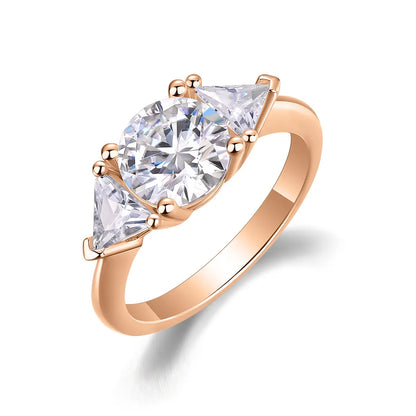 Shera Jewelry 2.6ct Round Cut Moissanite Ring Side View, Trillion Side Stones, 18K White Gold Plated Silver