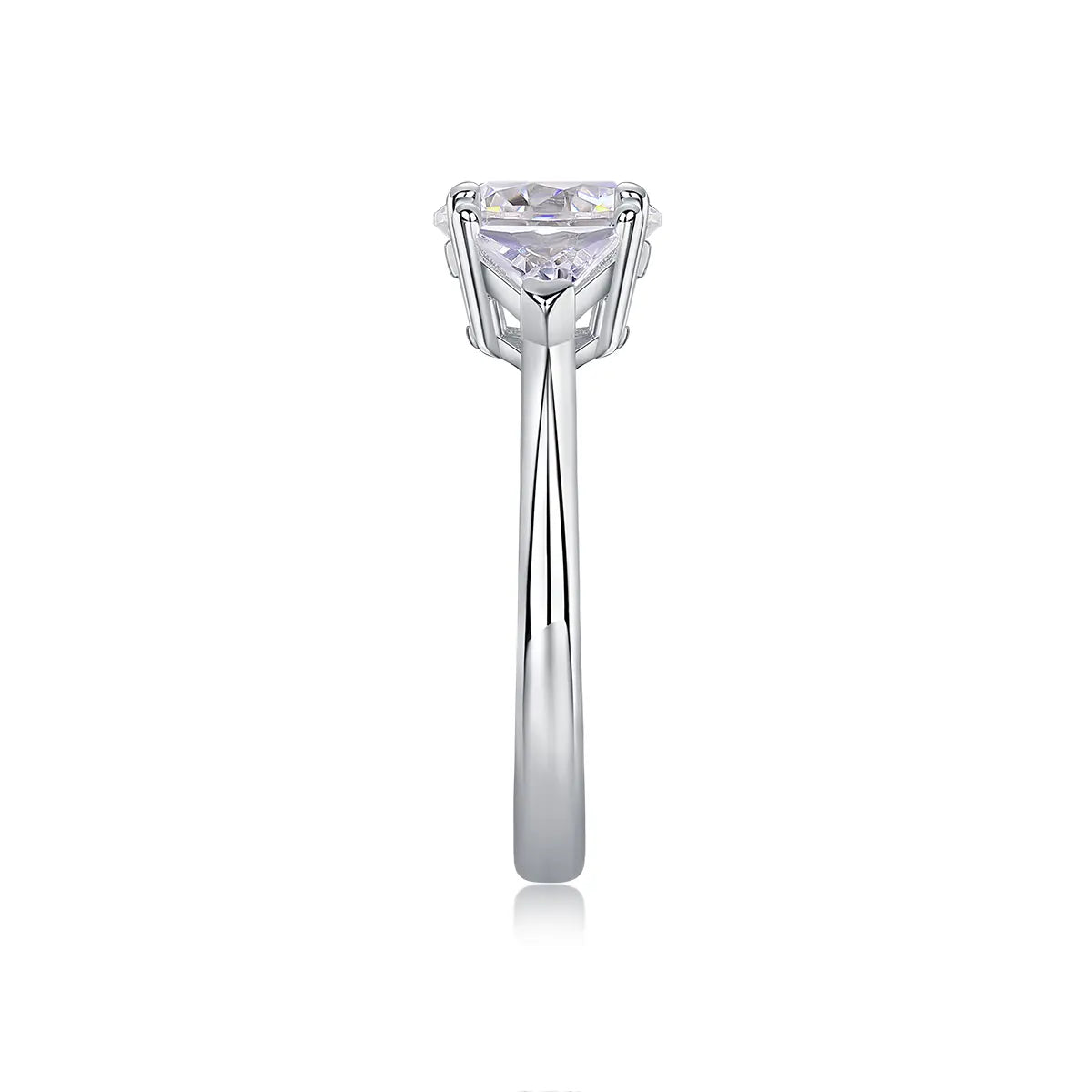 Shera Jewelry 2.6ct Round Cut Moissanite Ring Side View, Trillion Side Stones, 18K White Gold Plated Silver