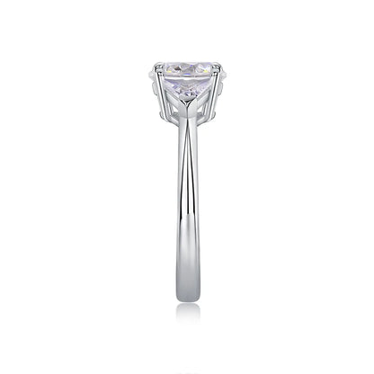 Shera Jewelry 2.6ct Round Cut Moissanite Ring Side View, Trillion Side Stones, 18K White Gold Plated Silver
