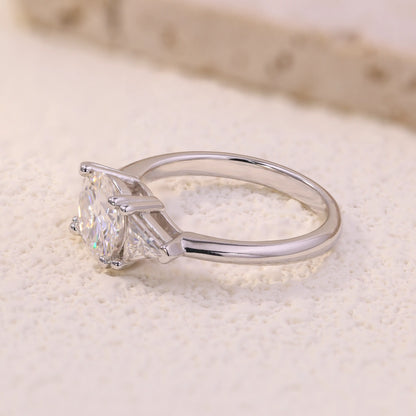 Shera Jewelry 2.6ct Round Cut Moissanite Ring Side View, Trillion Side Stones, 18K White Gold Plated Silver