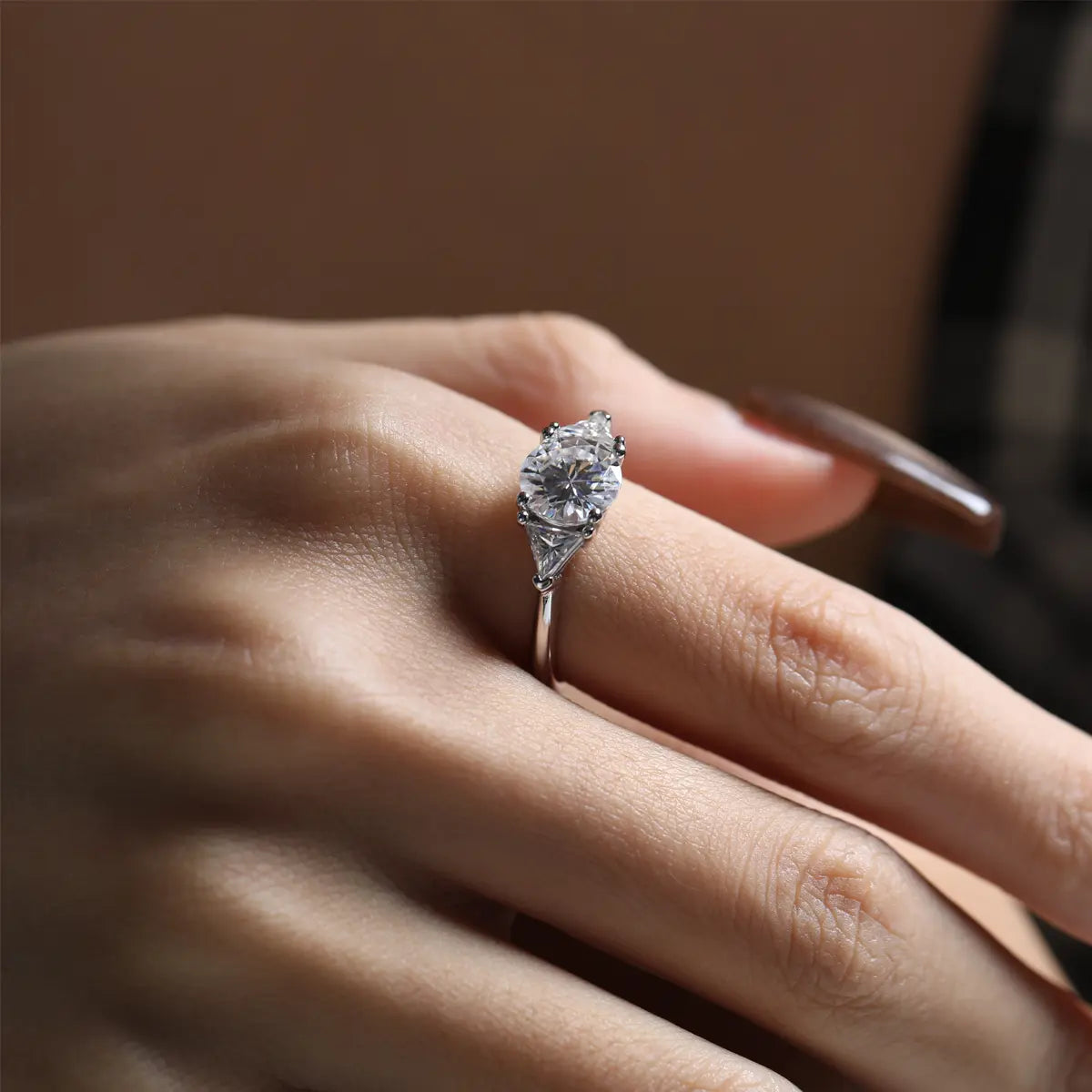 Shera Jewelry 2.6ct Round Cut Moissanite Ring Side View, Trillion Side Stones, 18K White Gold Plated Silver