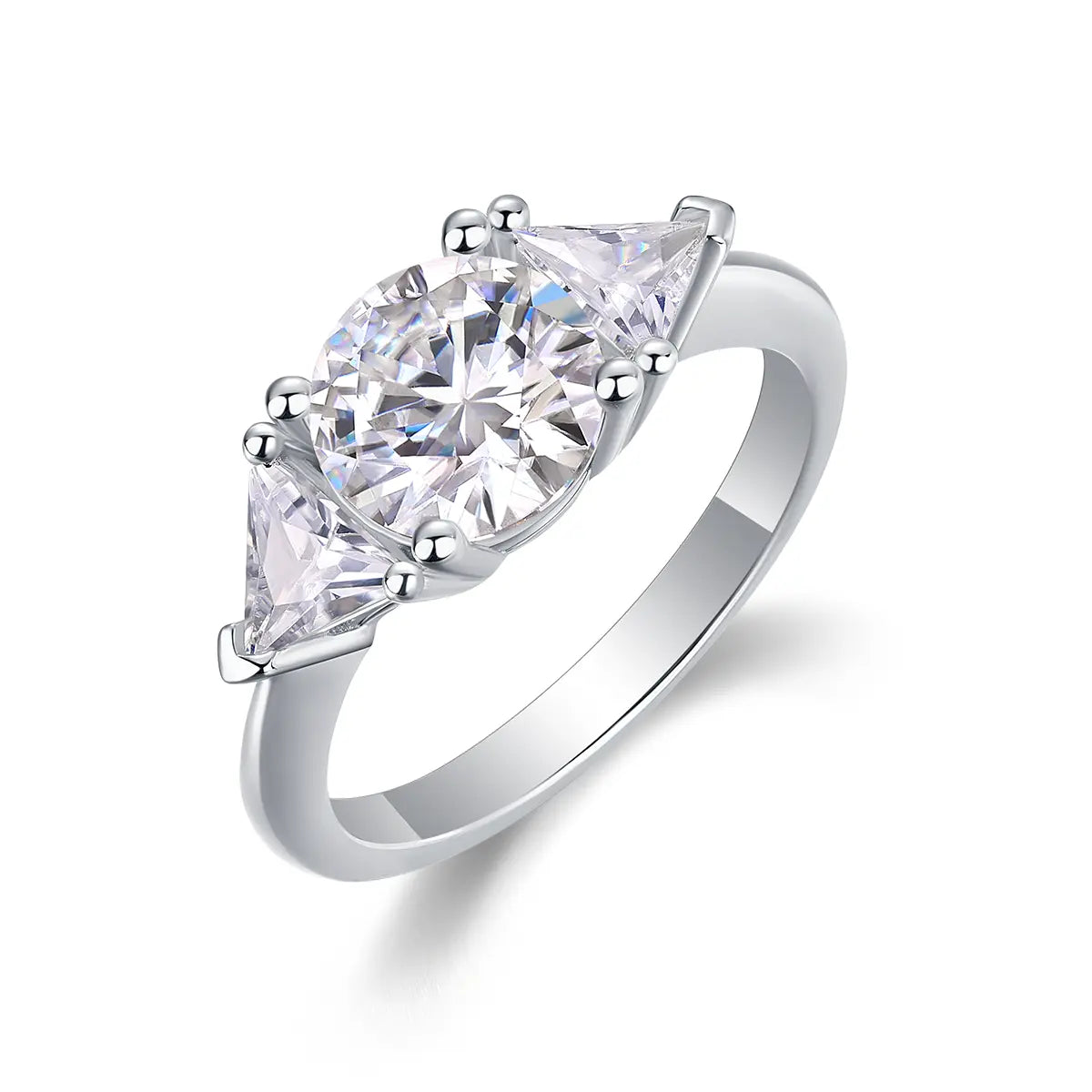 Shera Jewelry 2.6ct Round Cut Moissanite Ring Side View, Trillion Side Stones, 18K White Gold Plated Silver