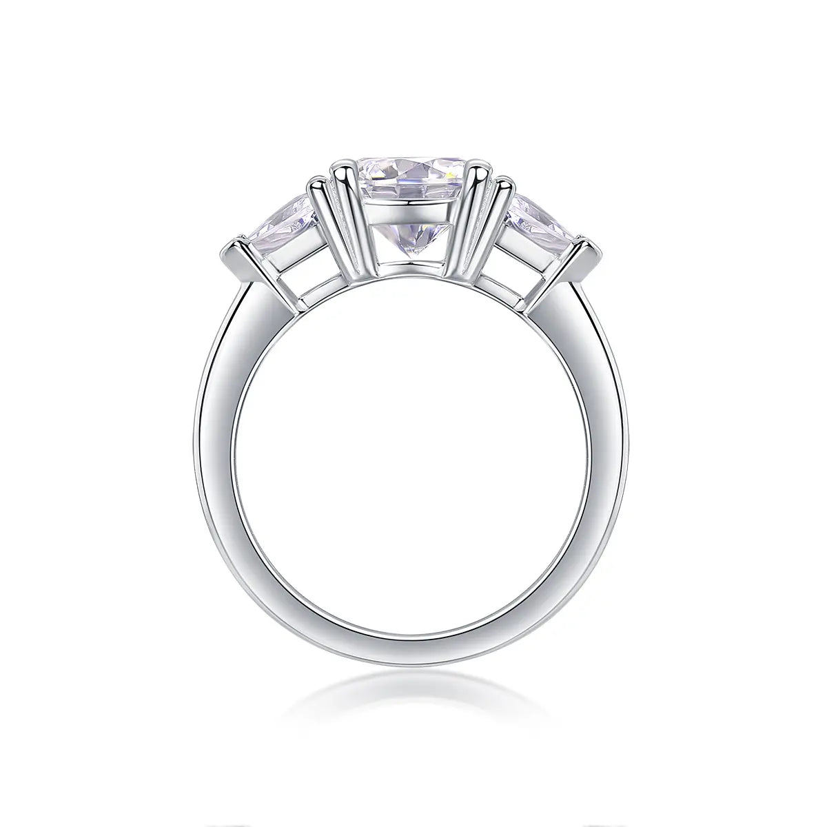 Shera Jewelry 2.6ct Round Cut Moissanite Ring Side View, Trillion Side Stones, 18K White Gold Plated Silver