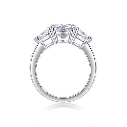 Shera Jewelry 2.6ct Round Cut Moissanite Ring Side View, Trillion Side Stones, 18K White Gold Plated Silver
