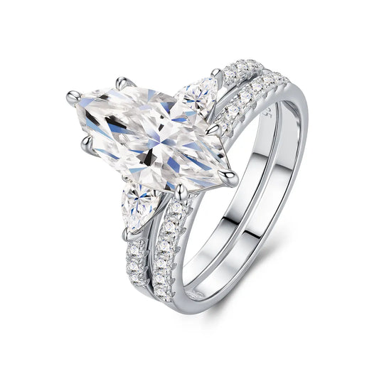 3ct Marquise Cut Moissanite Engagement Ring with Pear and Round Side Stones