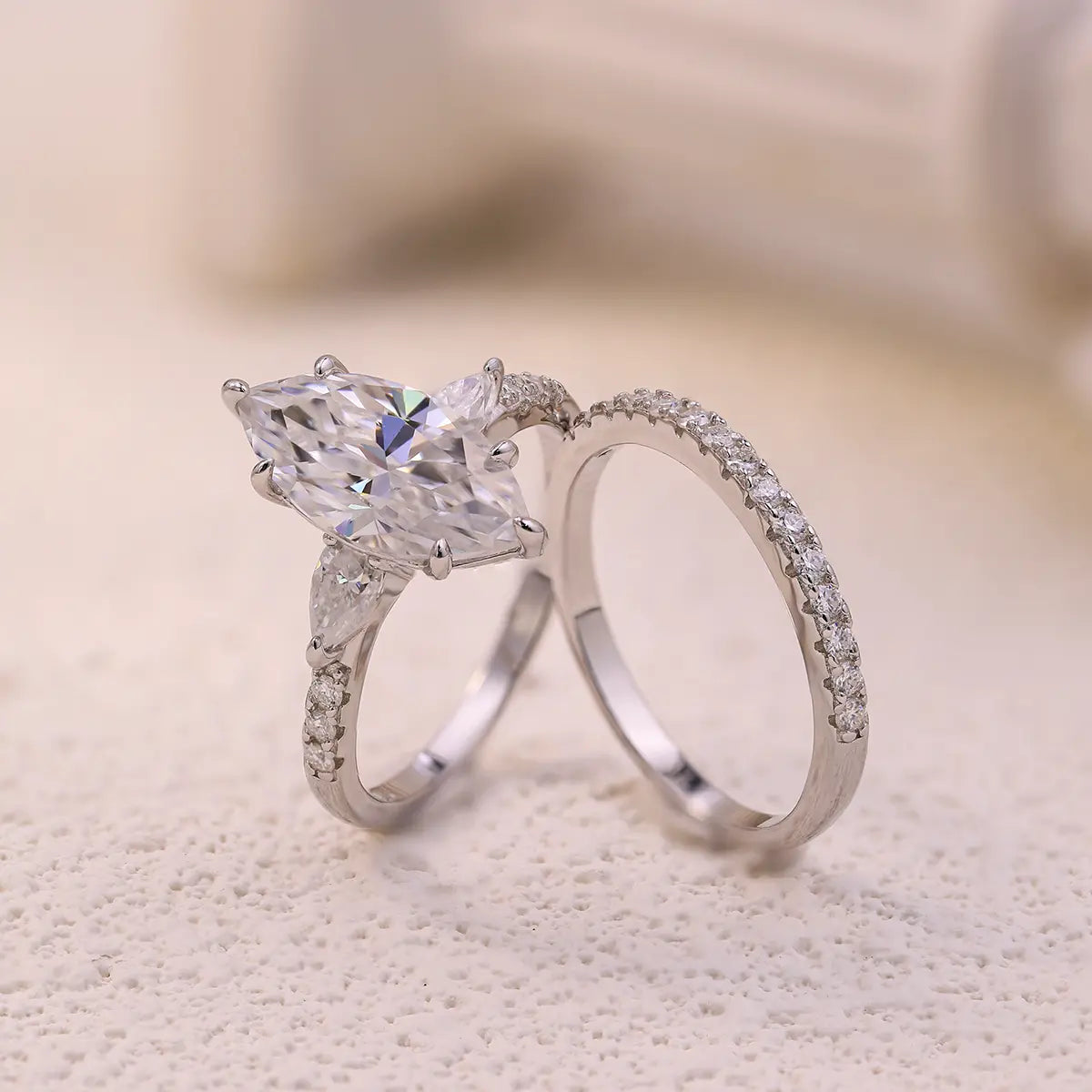3ct Marquise Cut Moissanite Engagement Ring with Pear and Round Side Stones