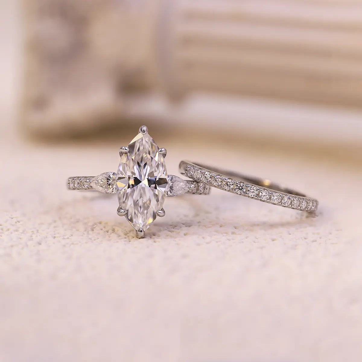 3ct Marquise Cut Moissanite Engagement Ring with Pear and Round Side Stones