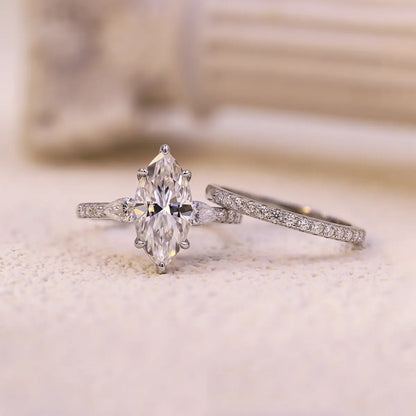 3ct Marquise Cut Moissanite Engagement Ring with Pear and Round Side Stones