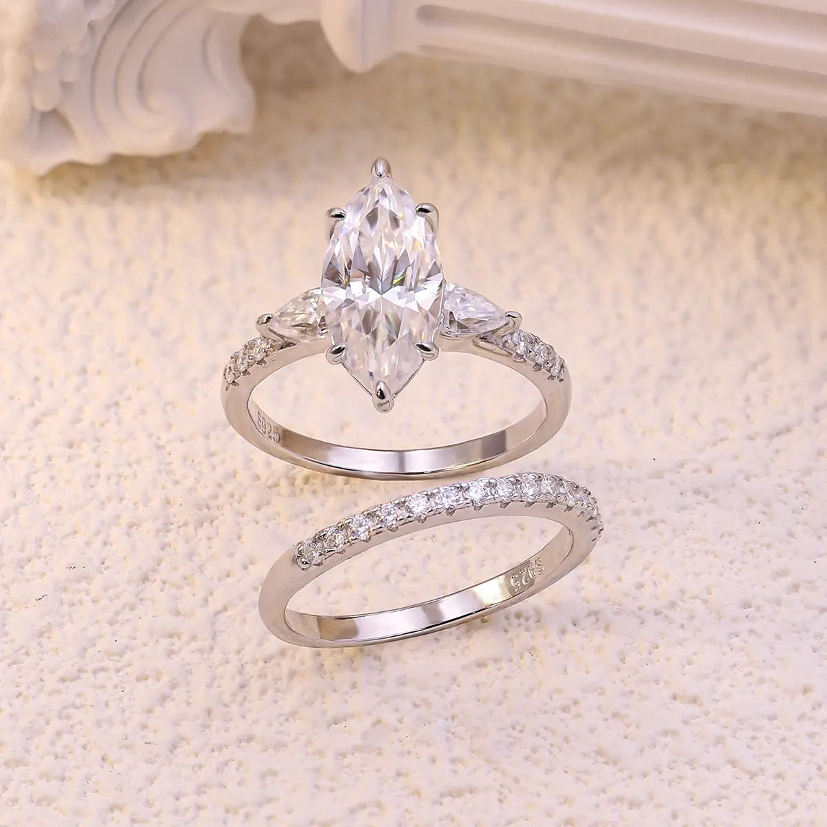 3ct Marquise Cut Moissanite Engagement Ring with Pear and Round Side Stones