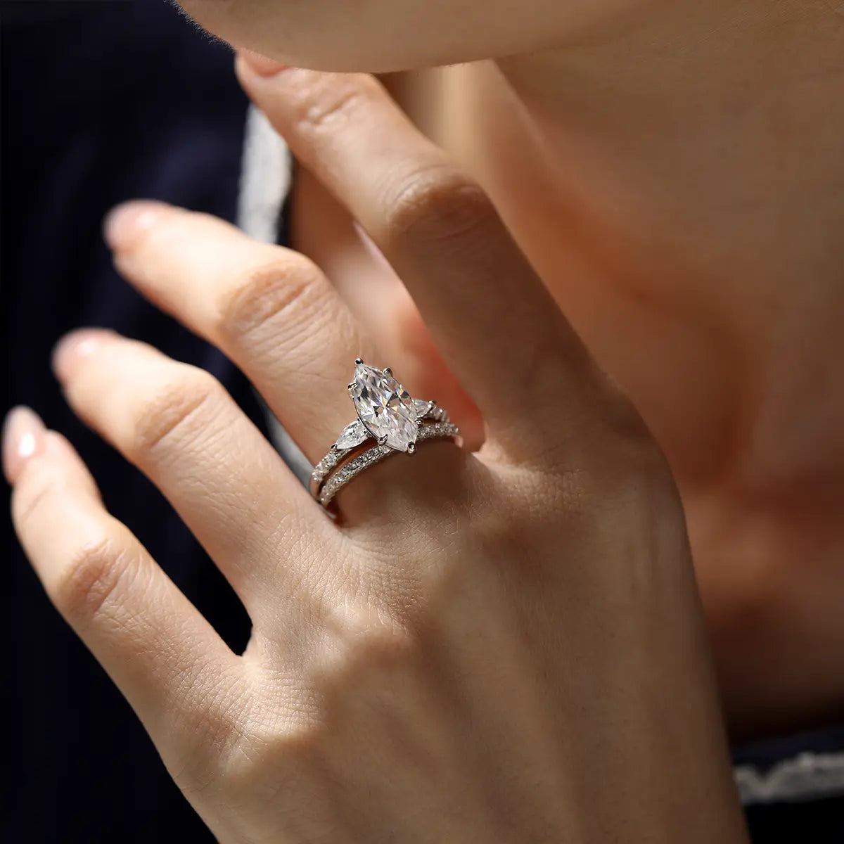 3ct Marquise Cut Moissanite Engagement Ring with Pear and Round Side Stones