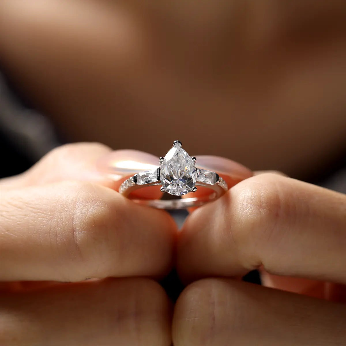 2.5ct Pear Cut Moissanite Engagement Ring with Side Stones