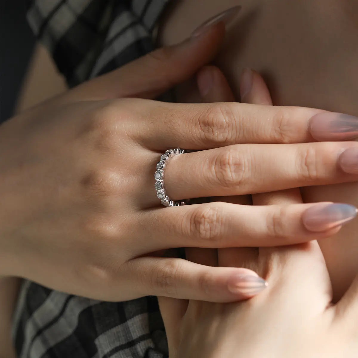 Round Cut Moissanite Full Eternity Band Ring in Sterling Silver