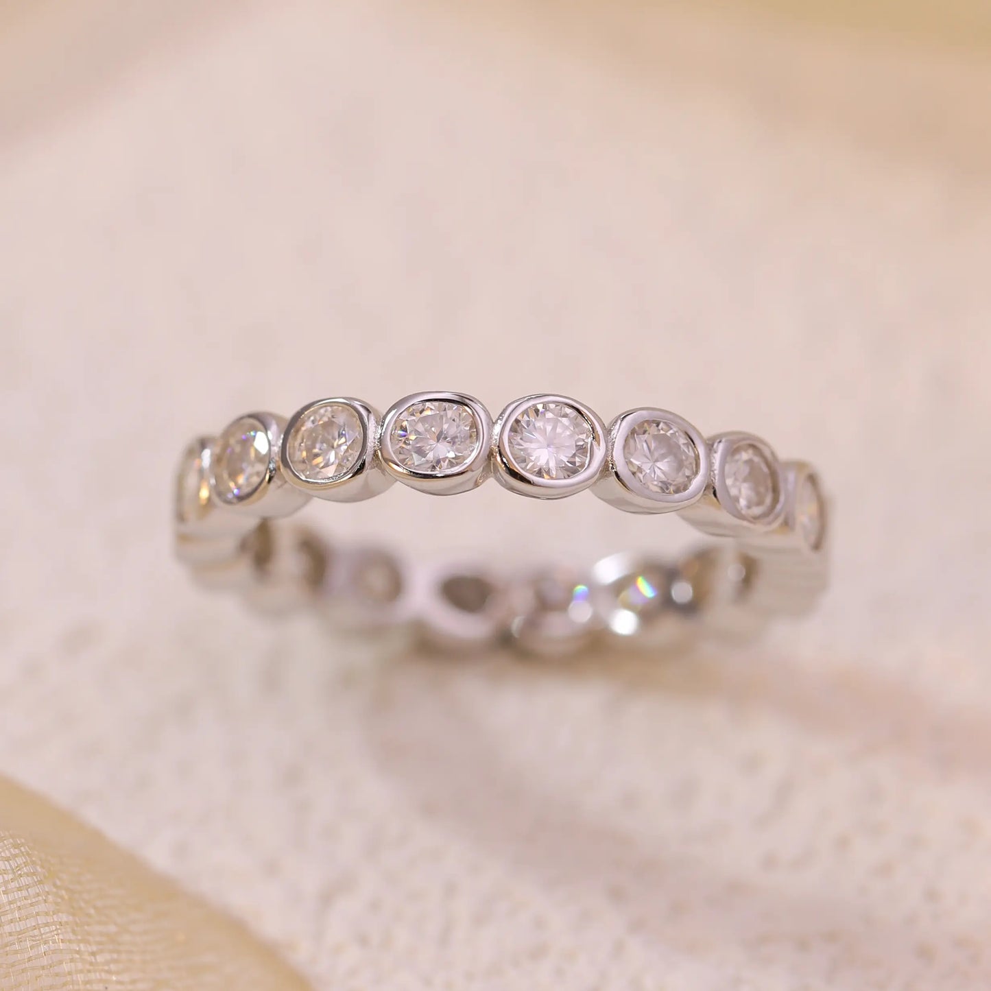 Round Cut Moissanite Full Eternity Band Ring in Sterling Silver