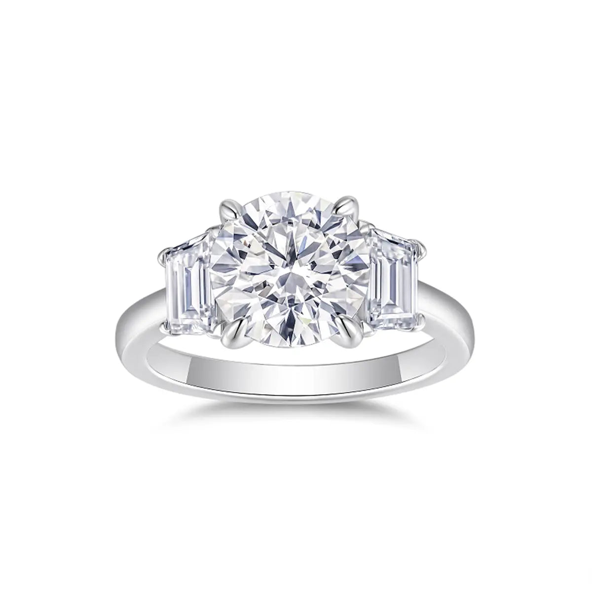 3ct round moissanite geometric engagement ring with trapezoid side stones