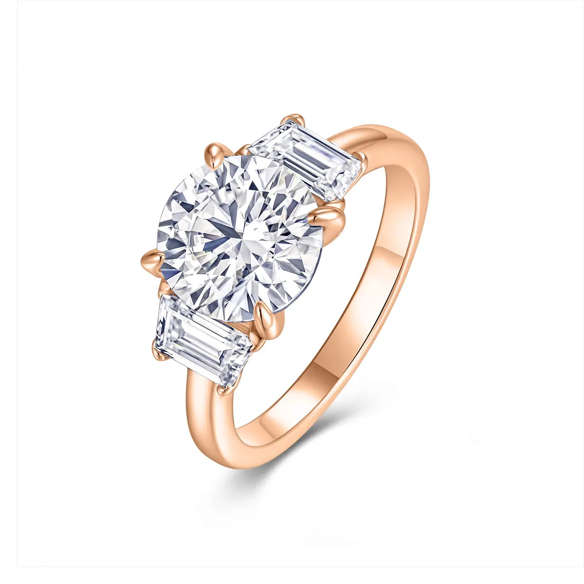 3ct round moissanite geometric engagement ring with trapezoid side stones