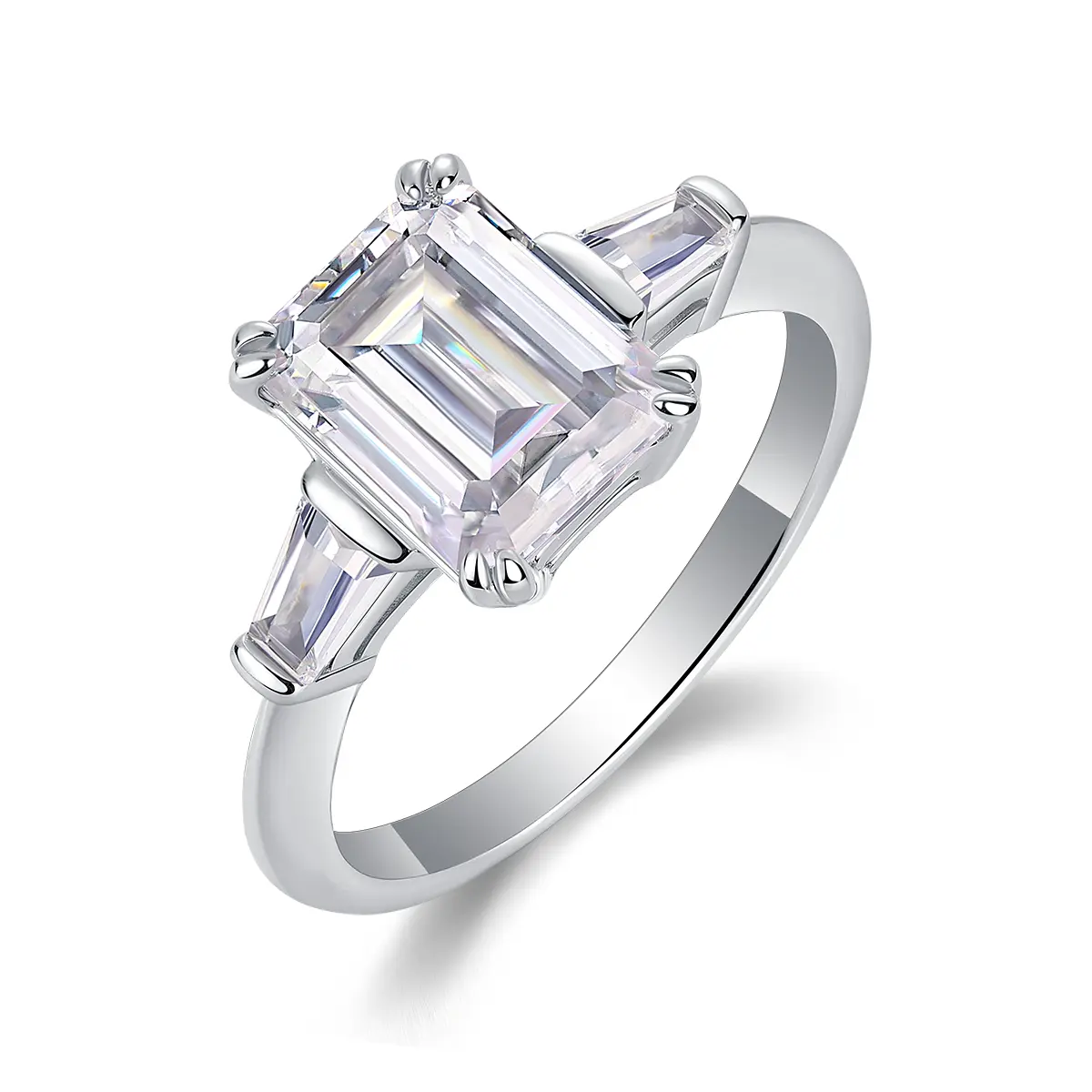 Sleek 3ct Moissanite Engagement Ring, Emerald Cut with Side Stones