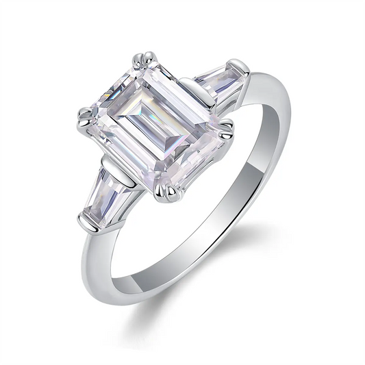 Sleek 3ct Moissanite Engagement Ring, Emerald Cut with Side Stones