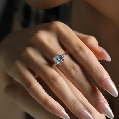 Sleek 3ct Moissanite Engagement Ring, Emerald Cut with Side Stones