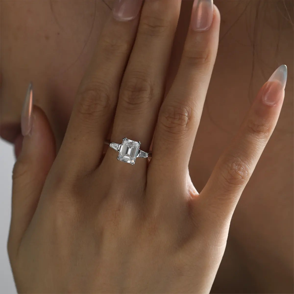 Sleek 3ct Moissanite Engagement Ring, Emerald Cut with Side Stones