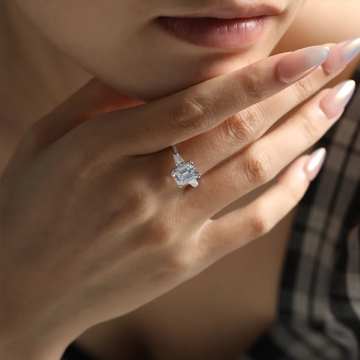 Sleek 3ct Moissanite Engagement Ring, Emerald Cut with Side Stones