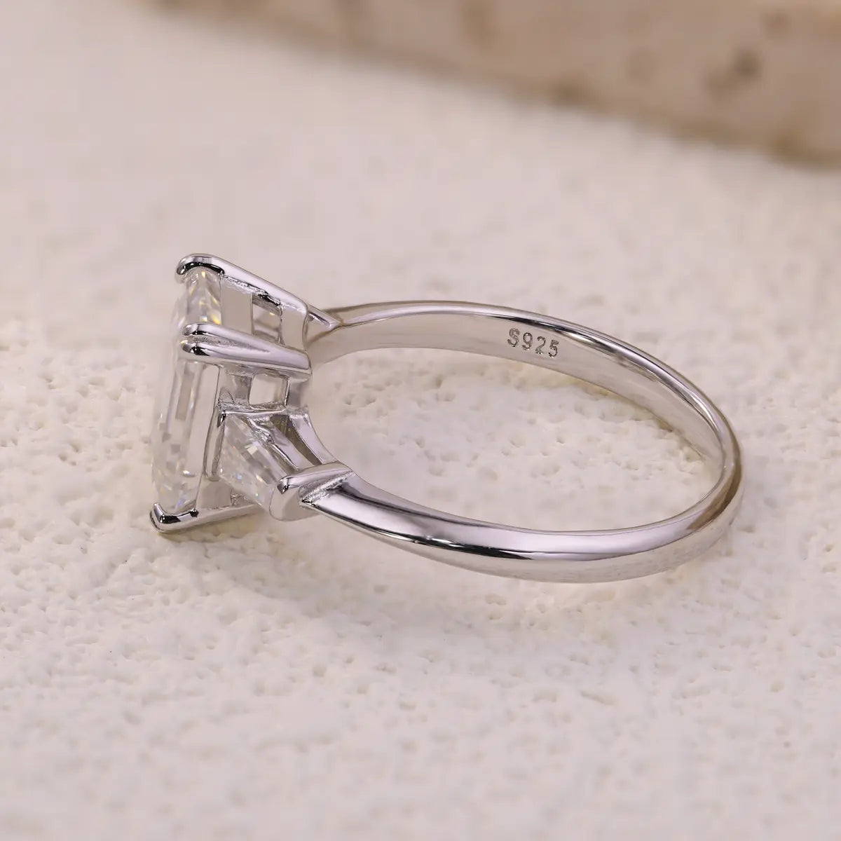 Sleek 3ct Moissanite Engagement Ring, Emerald Cut with Side Stones