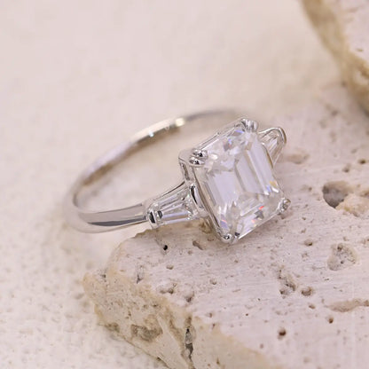 Sleek 3ct Moissanite Engagement Ring, Emerald Cut with Side Stones