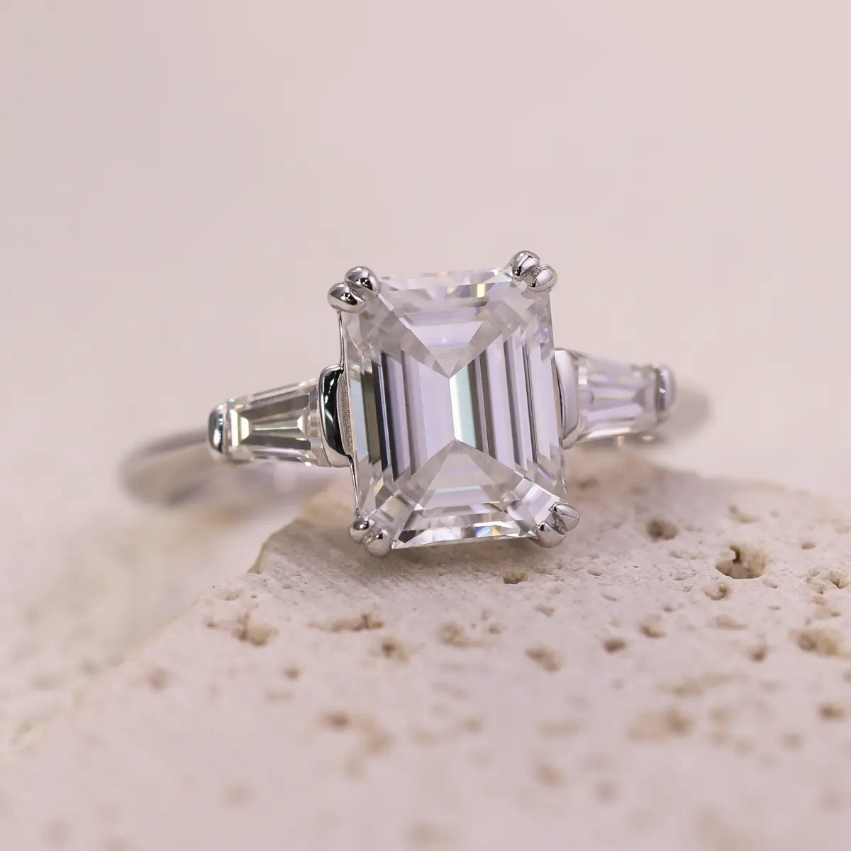 Sleek 3ct Moissanite Engagement Ring, Emerald Cut with Side Stones